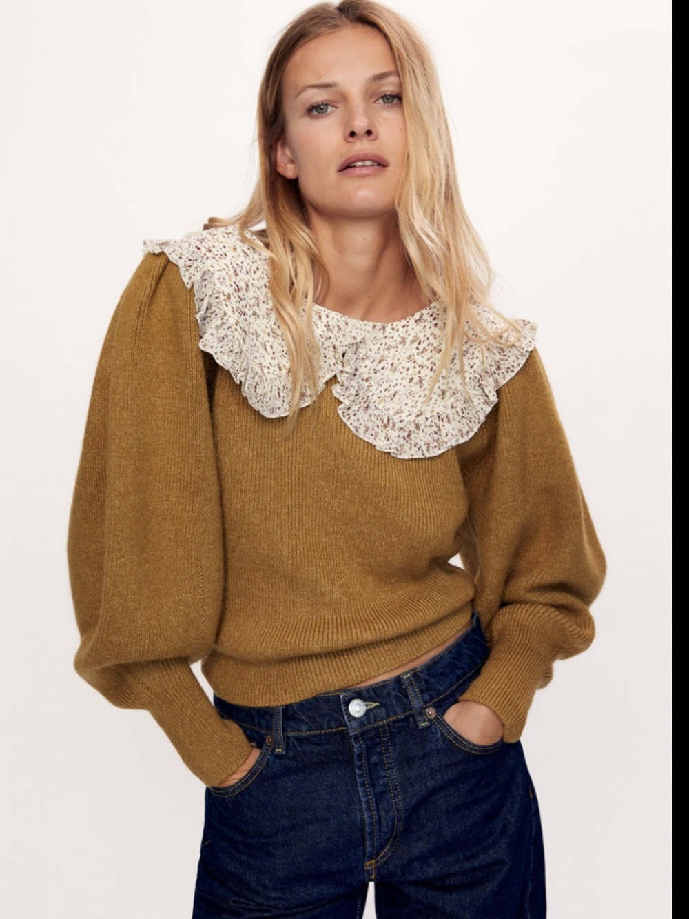 Zara Contrasting Knit Peter Pan Collar Sweater